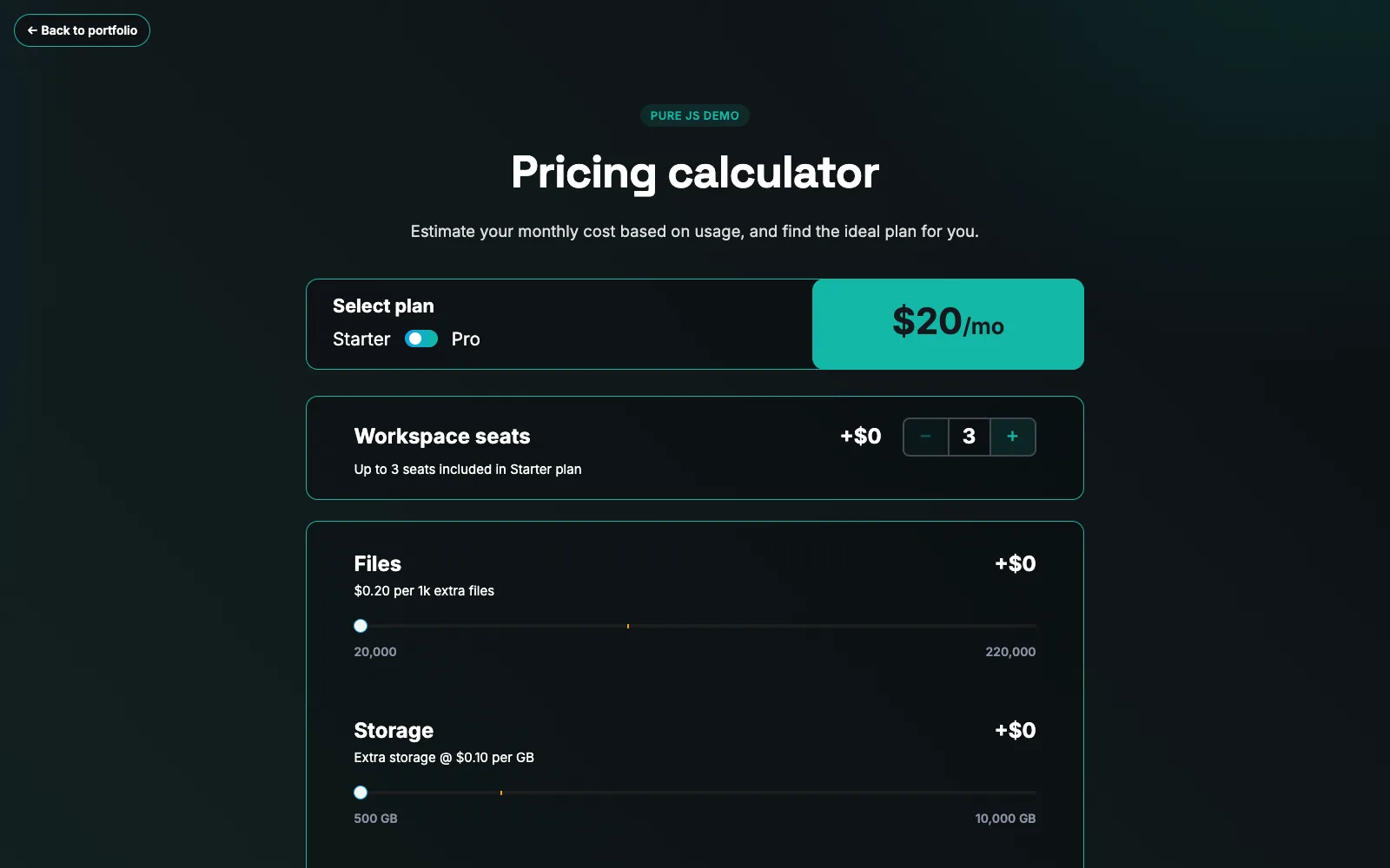 Screenshot of Pure JS Pricing Calculator